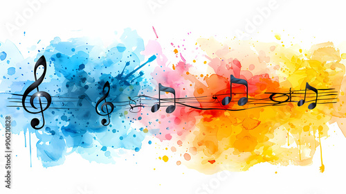musical notes on colorful watercolor background, generated ai
