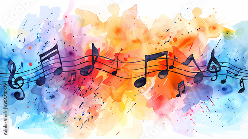 musical notes on colorful watercolor background, generated ai