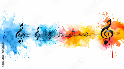 musical notes on colorful watercolor background, generated ai