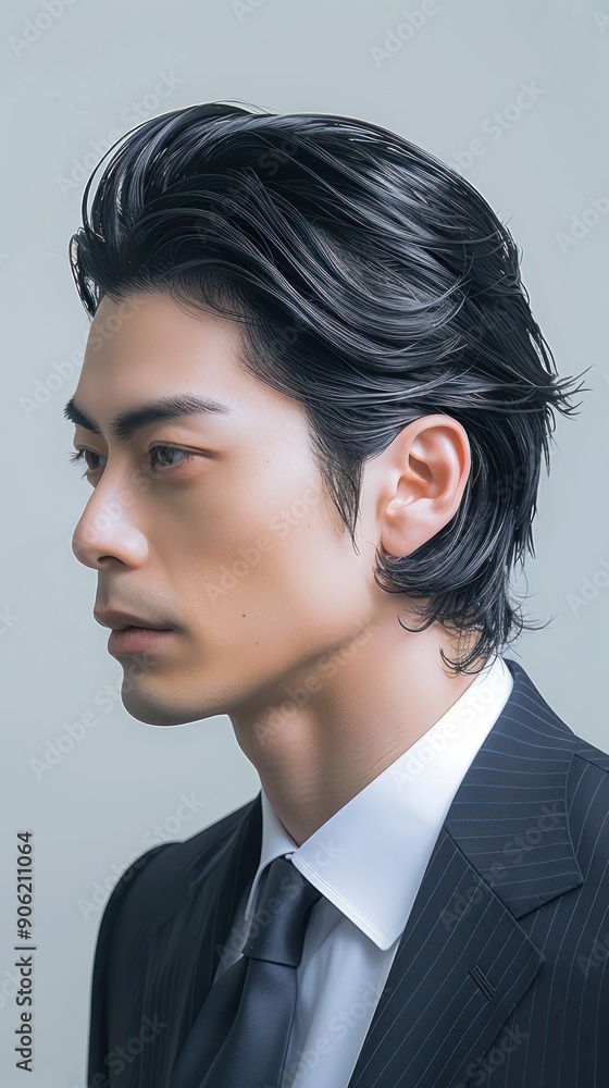 Japanese man with black hair looking to the left, wearing a suit and gelled hair. Japanese man with black hair looking to the left, wearing a suit and gelled hair.