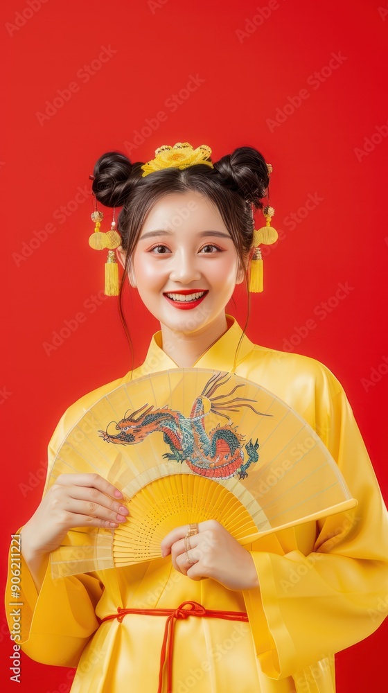 Chinese girl holding a yellow fan, smiling, wearing yellow clothes, red background Chinese girl holding a yellow fan, smiling, wearing yellow clothes, red background