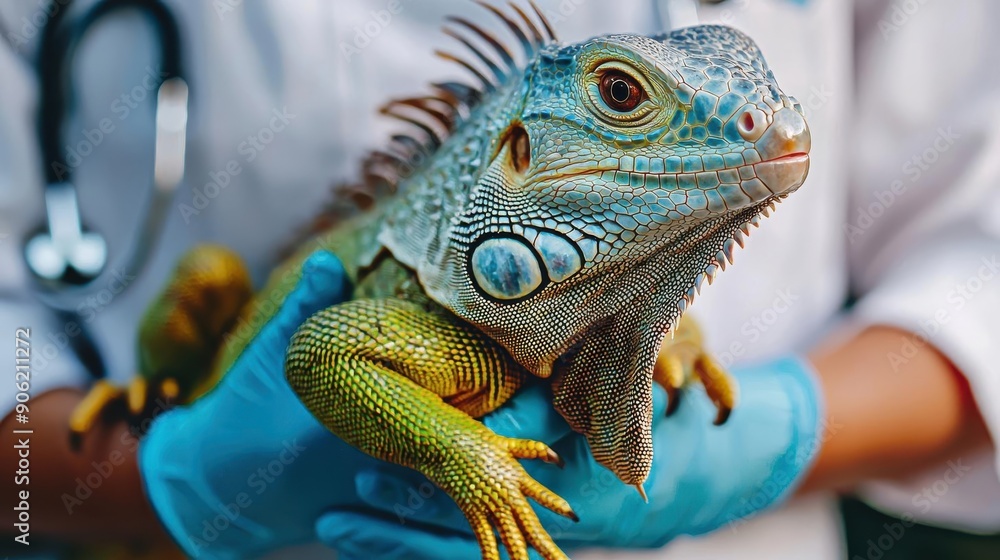 Fototapeta premium Veterinarian examining a green iguana with blue scales.