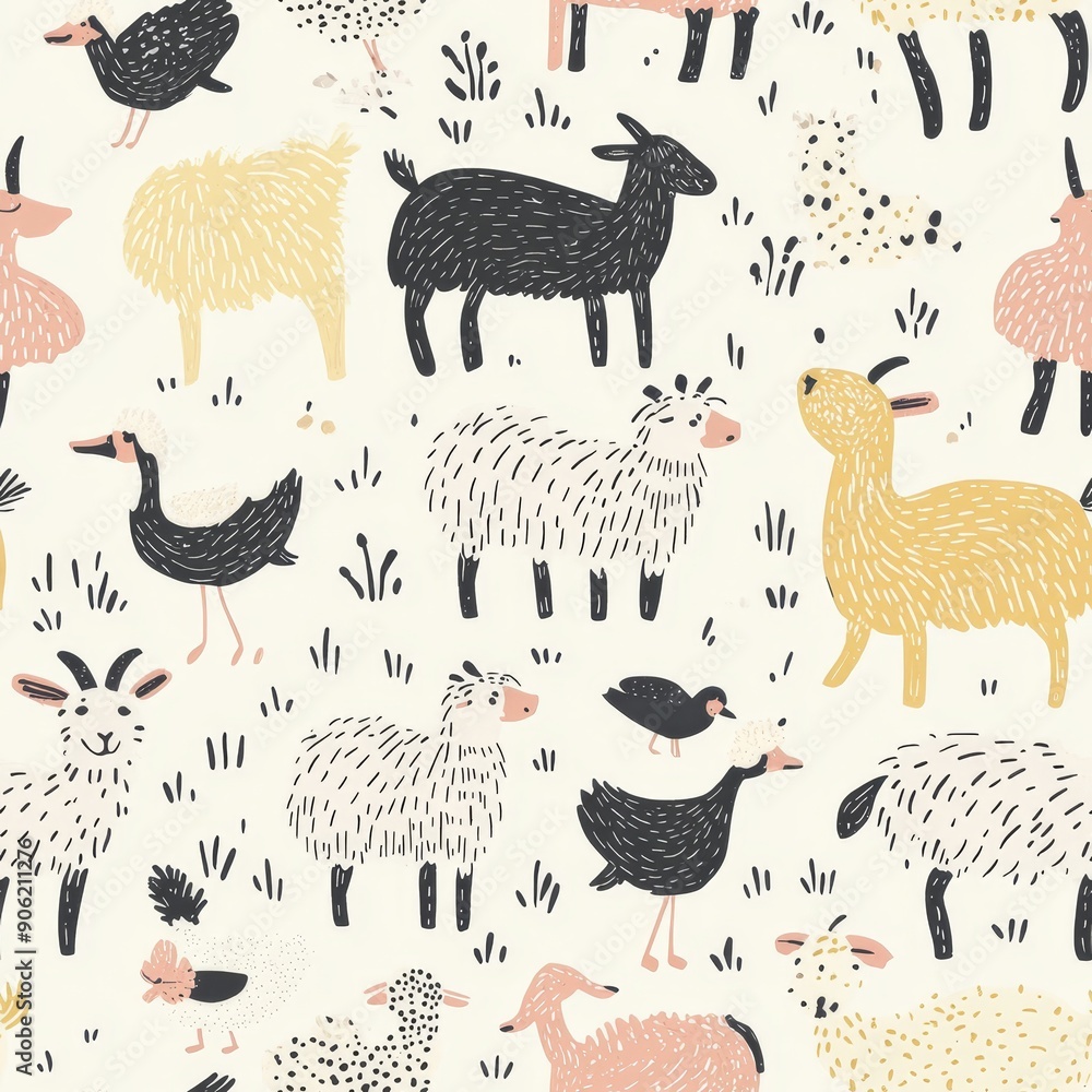 Obraz premium A pastel-toned vector pattern featuring a variety of popular animals like foxes