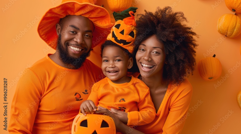 Fototapeta premium A joyful family wears orange outfits while celebrating Halloween with pumpkins and decorations in a cozy setting