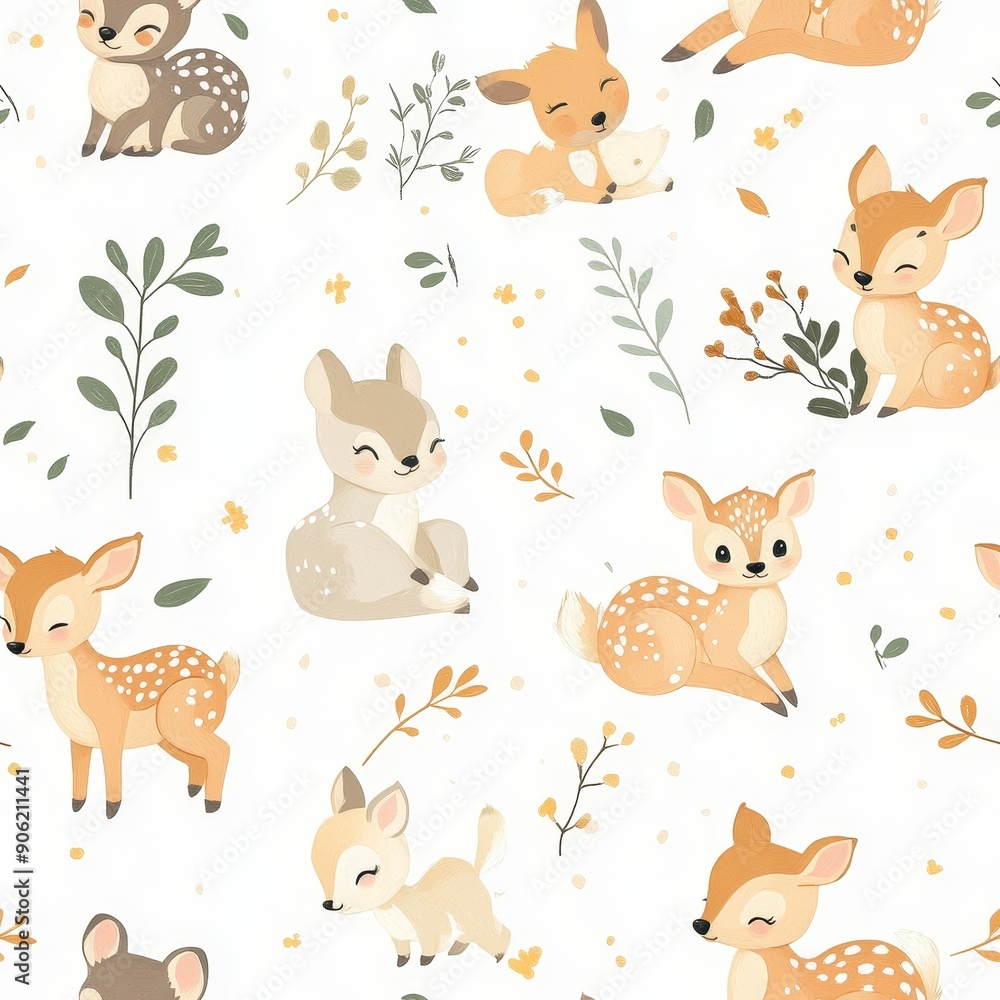 A whimsical pattern of cute baby animals like fawns, cubs, and kittens, depicted in soft pastel tones, creating a heartwarming and charming design for various products A whimsical pattern of cute baby animals like fawns, cubs, and kittens, depicted in soft pastel tones, creating a heartwarming and charming design for various products