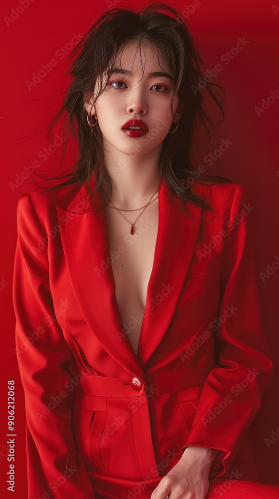 Korean girl fashion in her twenties, woman in a red suit, studio, red background Korean girl fashion in her twenties, woman in a red suit, studio, red background