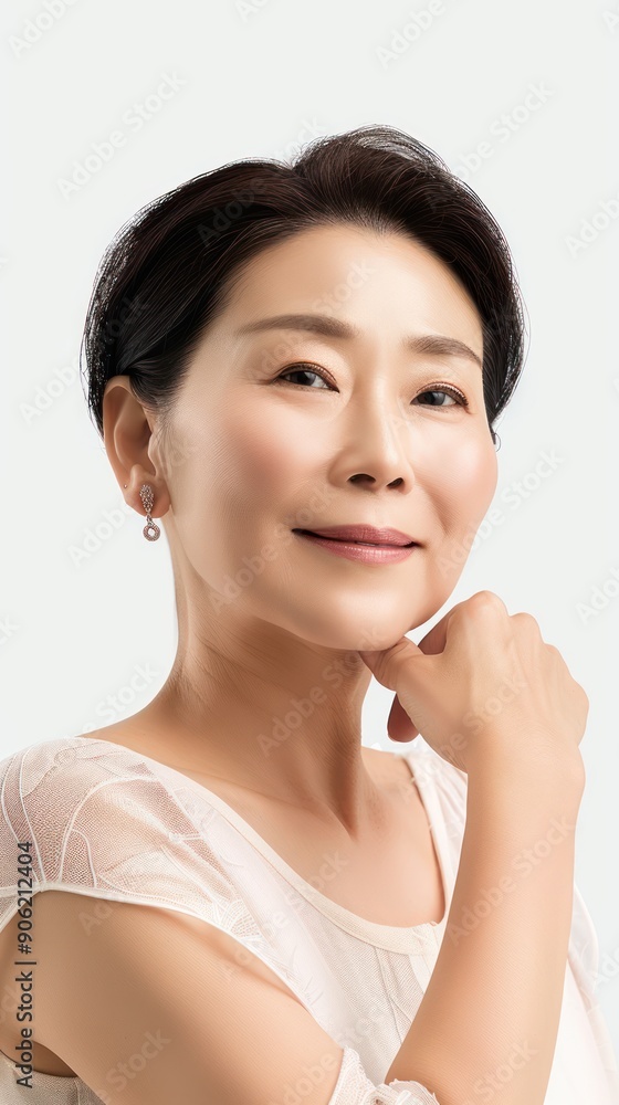 South Korean woman looking at camera, smiling, white background South Korean woman looking at camera, smiling, white background