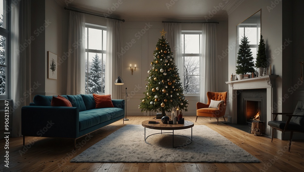 A Minimalist Living Room with a Christmas tree A Minimalist Living Room with a Christmas tree