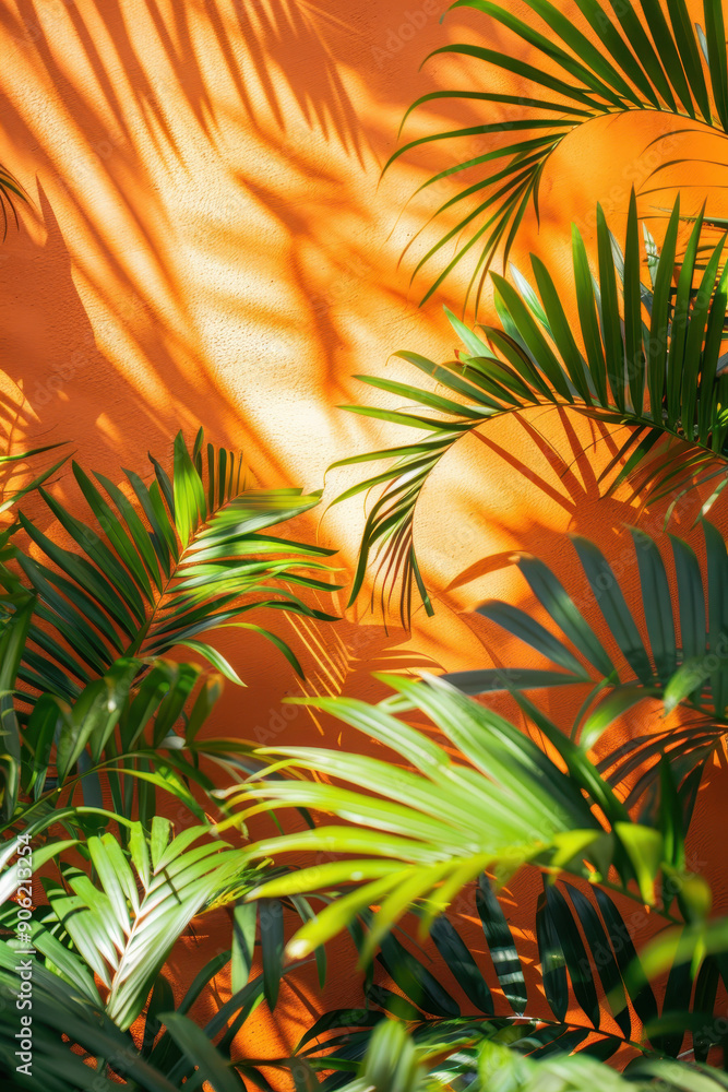 A wall with a red background and a few green plants in front of it. The plants are in shadow, creating a sense of depth and contrast A wall with a red background and a few green plants in front of it. The plants are in shadow, creating a sense of depth and contrast