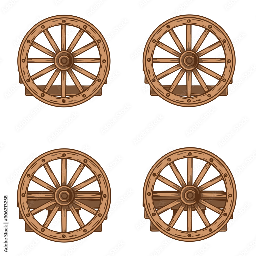 Four wooden wagon wheels isolated white background. Detailed wooden ...