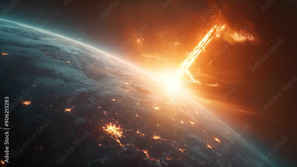 A fiery meteor streaks across the sky, leaving a trail of destruction as it impacts Earth.