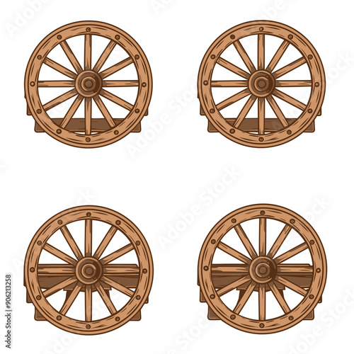 Four wooden wagon wheels isolated white background. Detailed wooden cartwheels suitable carriage western themed designs. Rustic brown spokes rims, vintage transport component illustration