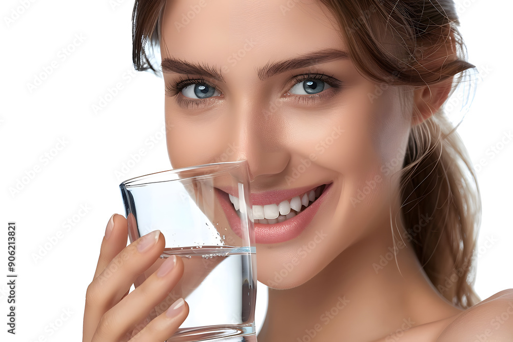 Close up beautiful smiling Asian woman holding glass of water isolated on white background Close up beautiful smiling Asian woman holding glass of water isolated on white background