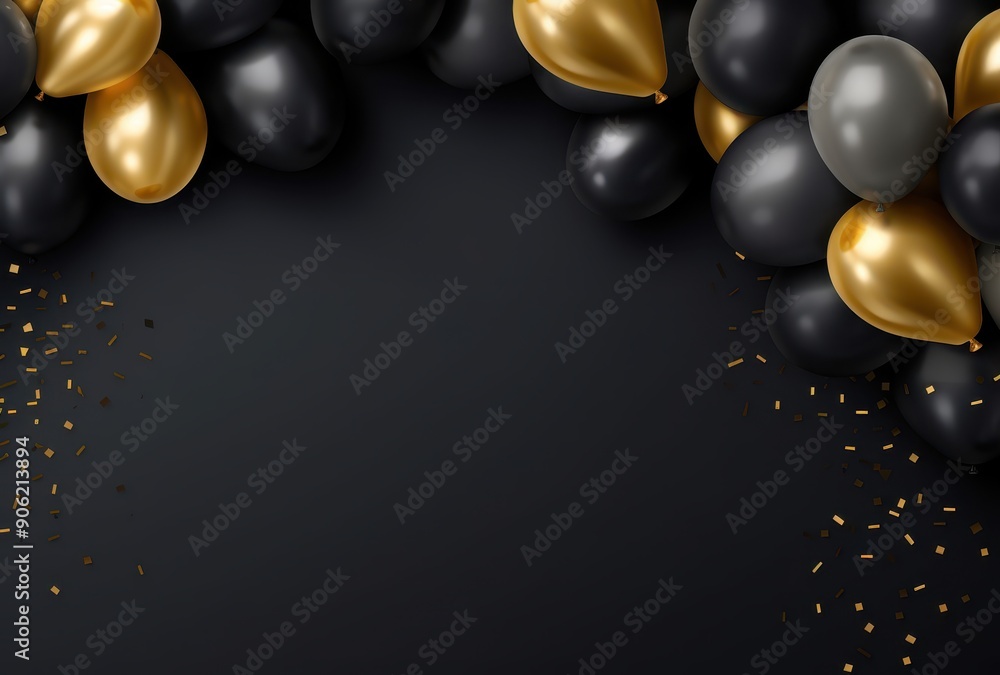Naklejka premium Black and Gold Balloons with Confetti on a Dark Background