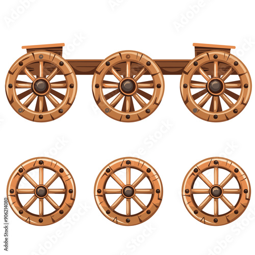 Brown wooden cart wheels connected axle cartoon style isolated white background. Set oldfashioned carriage wheels wooden construction. Detailed wagon vintage transport theme illustration