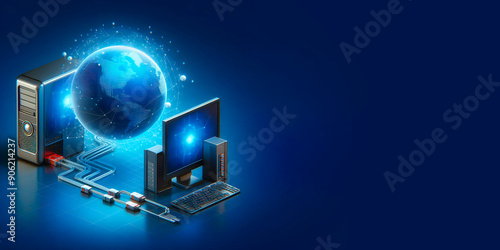 Dynamic illustration of a server, computer, and monitor with a glowing globe, representing the power of global technology.