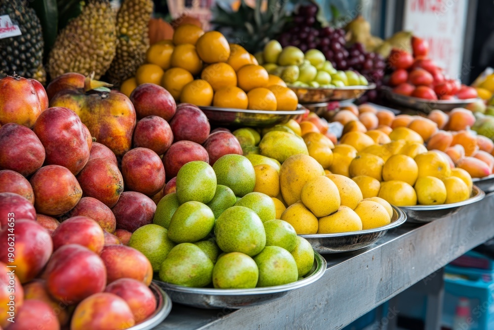 A busy fruit market stall featuring a wide array of fruits such as mangoes, oranges, pears, lemons, and grapes, displayed in bowls with other fruits in the background. A busy fruit market stall featuring a wide array of fruits such as mangoes, oranges, pears, lemons, and grapes, displayed in bowls with other fruits in the background.