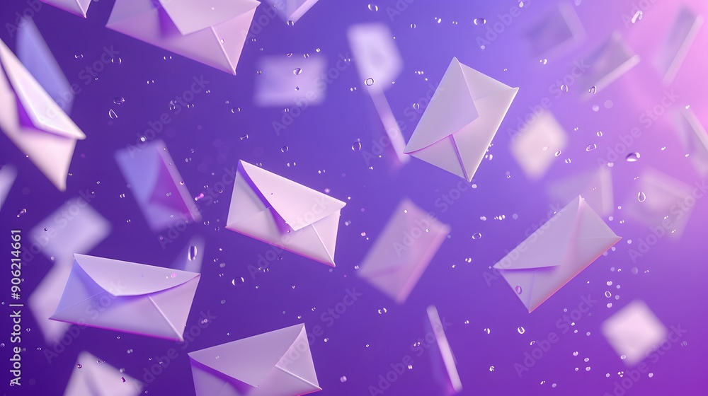 White envelopes falling and floating against a vibrant purple backdrop White envelopes falling and floating against a vibrant purple backdrop