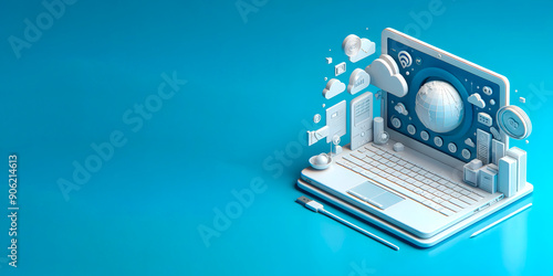 A 3D digital scene featuring a laptop with icons representing cloud computing, data storage, and global connectivity, emerging from the screen. The clean blue background highlights the digital theme, 