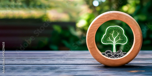 A glowing, minimalistic tree illustration within a wooden ring frame, symbolizing sustainability and eco-friendliness. The soft light emphasizes natural growth and environmental consciousness. Perfect