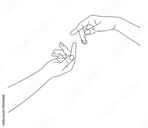 Two hands reaching towards, touching each other. Support and helping hand, relationship, friendship concept. Monochrome hand drawn line art vector illustration isolated on transparent background.