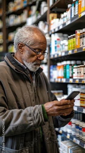 An elderly man reviews his medications and prices in a pharmacy aisle, focusing on his smartphone