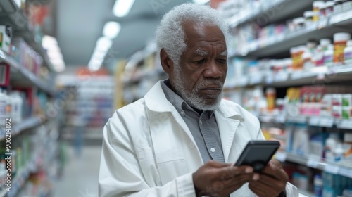 An elderly man examines his smartphone while standing in a pharmacy aisle filled with products