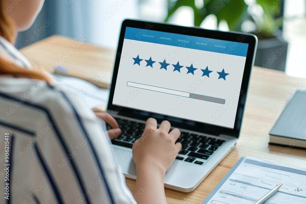 A person using a laptop to leave an online review, emphasizing customer feedback, online ratings, and digital interaction. A person using a laptop to leave an online review, emphasizing customer feedback, online ratings, and digital interaction.