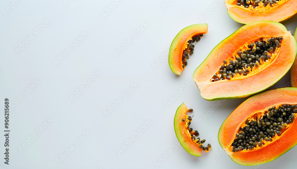 ripe slice papaya isolated on a white background. Top view. Flat lay ripe slice papaya isolated on a white background. Top view. Flat lay