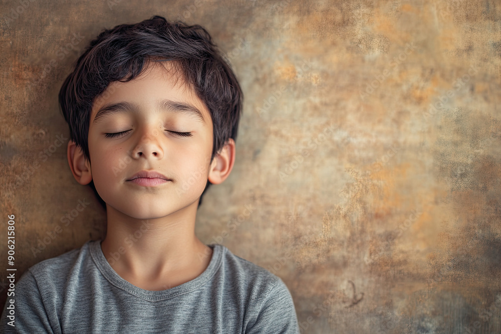 Young child eyes closed expression, closing eye expressive model shoot children clean background, meditation calm mindfulness backdrop, generated ai Young child eyes closed expression, closing eye expressive model shoot children clean background, meditation calm mindfulness backdrop, generated ai