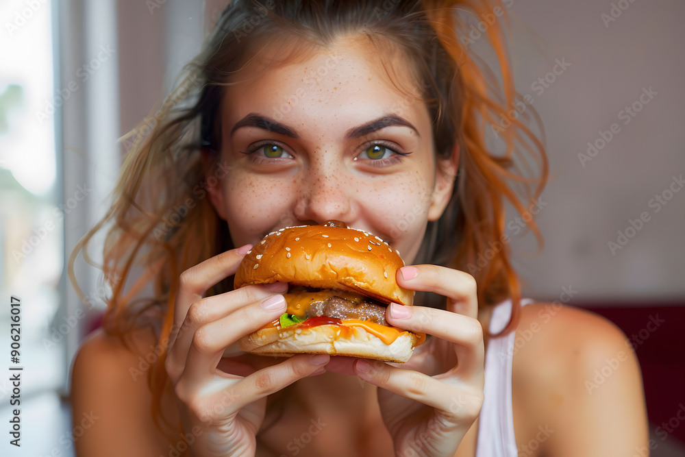 Young woman eating hamburger and looking at camera Young woman eating hamburger and looking at camera