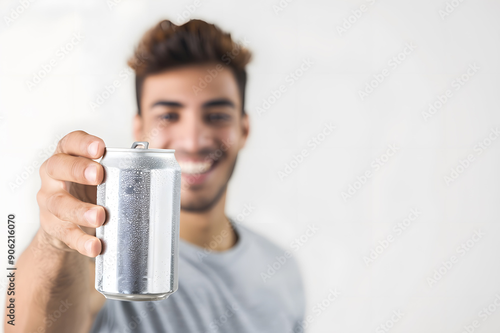 Close up handsome man smiling holding out an empty silver soda can to the camera isolated on white background Close up handsome man smiling holding out an empty silver soda can to the camera isolated on white background