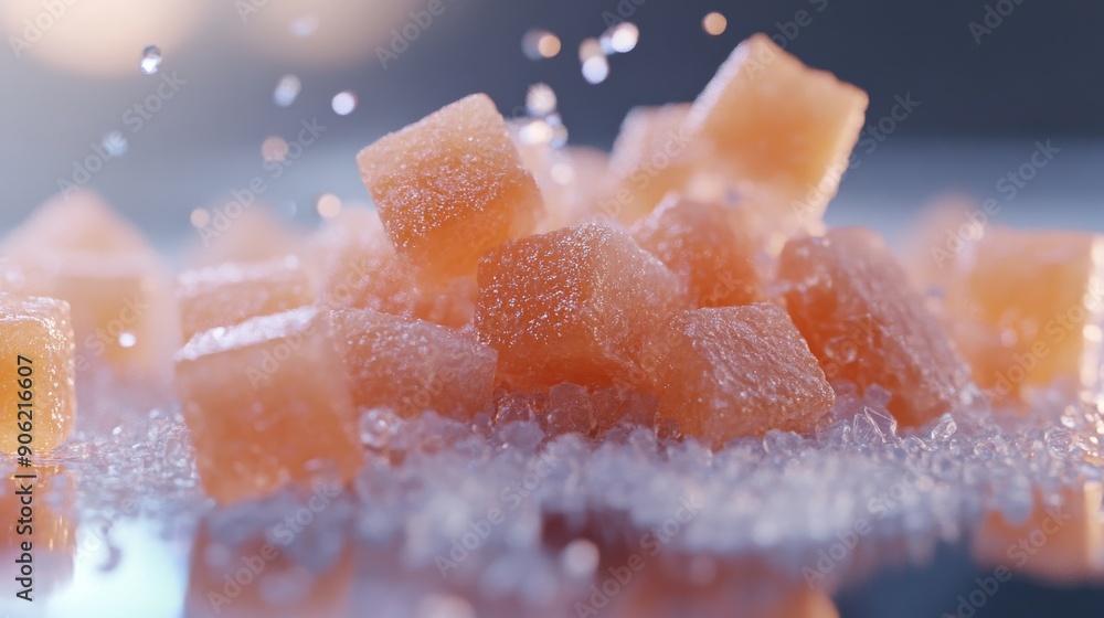A high-quality shot of orange jelly cubes, covered in sugar sprinkles, reflecting a sweet treat ideal for desserts, confections, and food stock imagery. A high-quality shot of orange jelly cubes, covered in sugar sprinkles, reflecting a sweet treat ideal for desserts, confections, and food stock imagery.