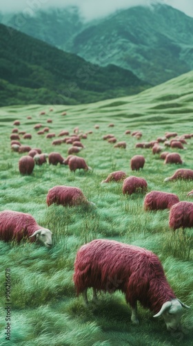 An artistic shot of several pink sheep scattered across a lush green meadow, combining the bizarre with nature's tranquility, ideal for creative projects. photo