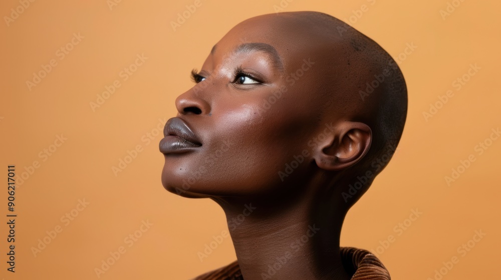 A bald model striking a confident pose with an artistic background in a well-lit studio A bald model striking a confident pose with an artistic background in a well-lit studio