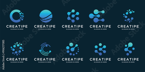 Collection of letter C abstract logo design symbol initial letter mark technology, dot, molecule, droppid, computer, data, internet.