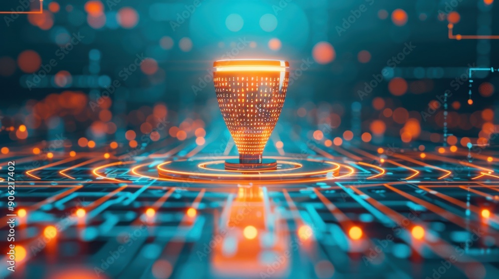 Corporate success symbolized by a glowing digital trophy surrounded by enterprise solution icons. Sci-Fi, 3D Render, Blue and White, High Detail Corporate success symbolized by a glowing digital trophy surrounded by enterprise solution icons. Sci-Fi, 3D Render, Blue and White, High Detail