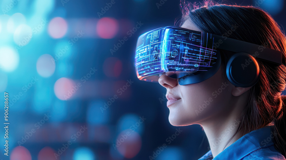 A focused woman immersed in virtual reality, wearing futuristic VR goggles against a vibrant technology backdrop. A focused woman immersed in virtual reality, wearing futuristic VR goggles against a vibrant technology backdrop.