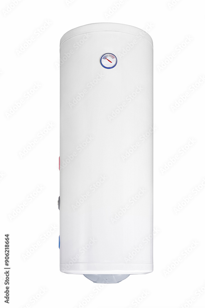 Big modern tanked combination boiler. Large regular household budget water heater. Common electric storage tank water heater. Conventional Energy-efficient home heating system on white background Big modern tanked combination boiler. Large regular household budget water heater. Common electric storage tank water heater. Conventional Energy-efficient home heating system on white background