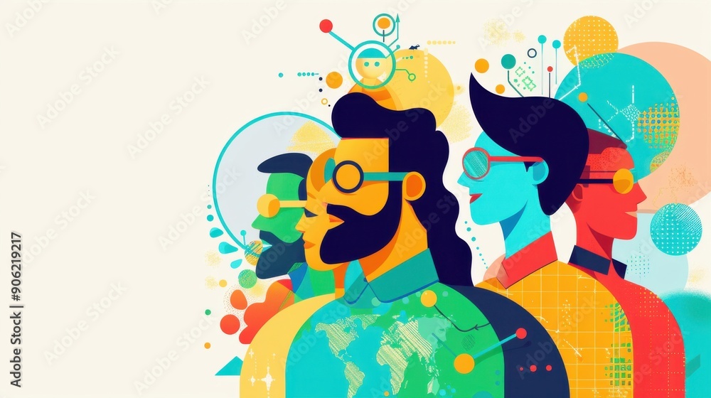 Obraz premium Diverse project team, collaboration across cultures, flat design illustration