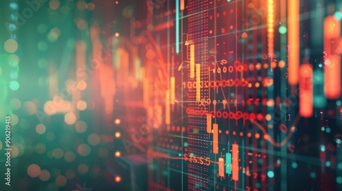 Double Exposure Market Trends and Predictions Double exposure of past market trends with fluctuating red and green graph lines and future market predictions on a digital screen.