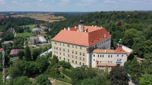 Aerial view of the ancient castle historical monument Namest nad Oslavou in the Czech Republic on a sunny summer day photo