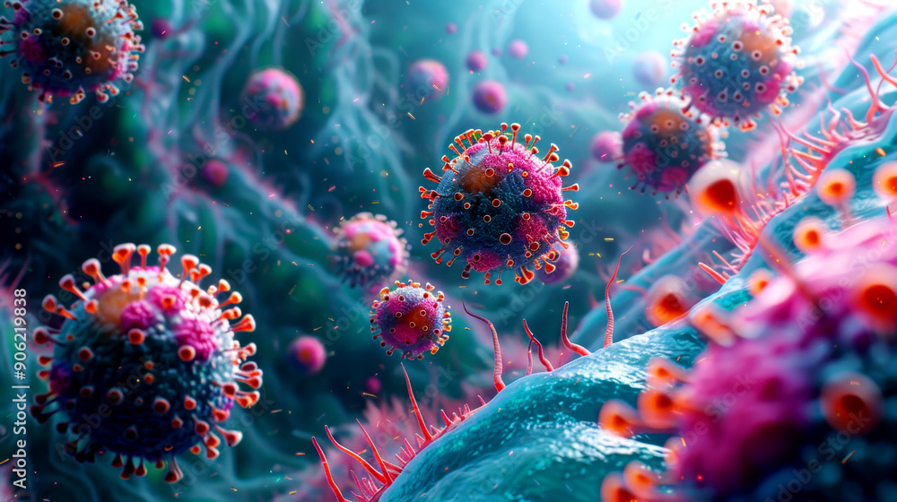 A vibrant depiction of viruses in a biological environment, showcasing intricate details and vivid colors. A vibrant depiction of viruses in a biological environment, showcasing intricate details and vivid colors.