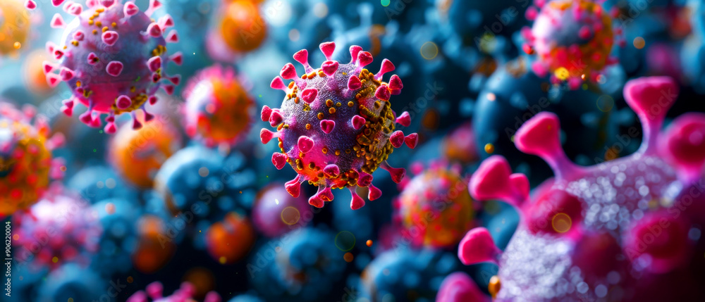 Colorful depiction of viruses showcasing intricate details under a microscope, ideal for scientific illustrations and medical research. Colorful depiction of viruses showcasing intricate details under a microscope, ideal for scientific illustrations and medical research.