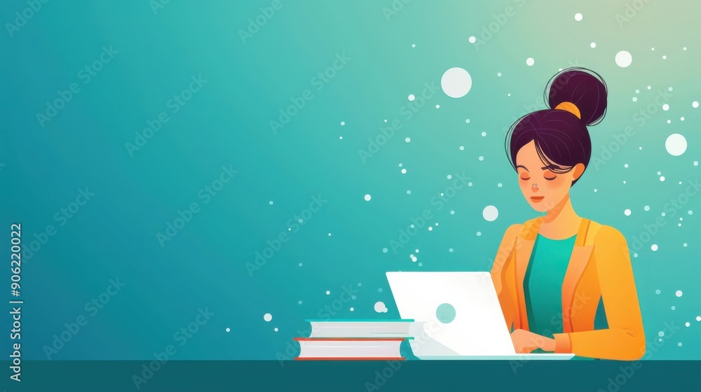 Evaluating information, person with computer and books, flat design illustration Evaluating information, person with computer and books, flat design illustration