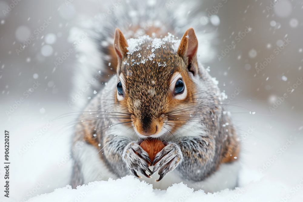 Close-up of a squirrel in the snow, holding a nut in its paws. Snowflakes are falling around it, and the soft sunlight creates a blur in the background. Close-up of a squirrel in the snow, holding a nut in its paws. Snowflakes are falling around it, and the soft sunlight creates a blur in the background.
