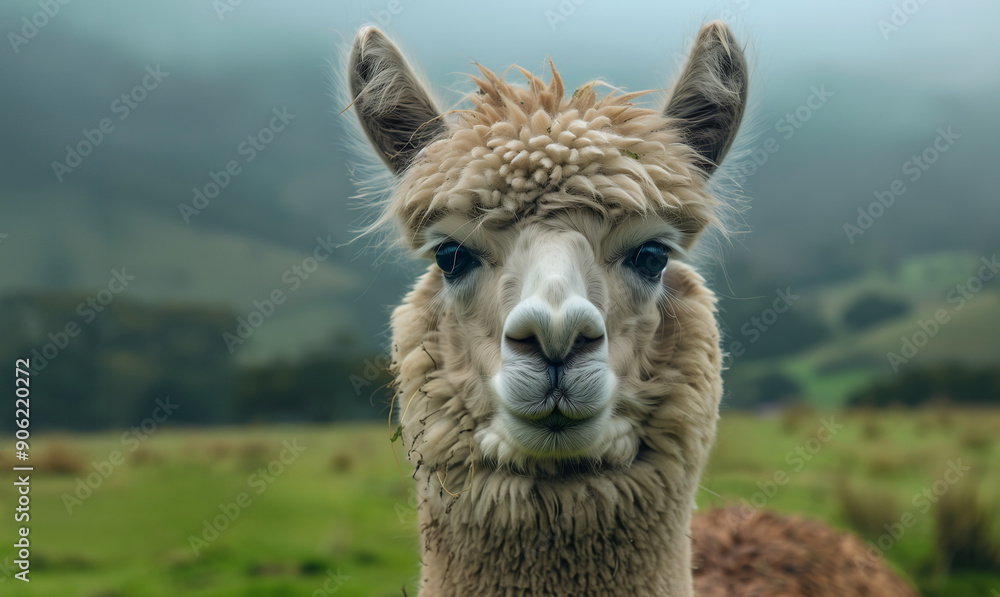 Obraz premium A close-up of a curious alpaca peering into the camera, with its head prominently displayed against the backdrop of the meadow.