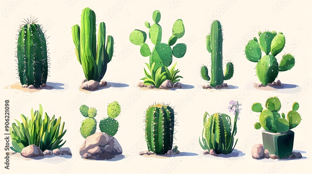 Diverse Cacti in Arid Watercolor Landscape Diverse Cacti in Arid Watercolor Landscape