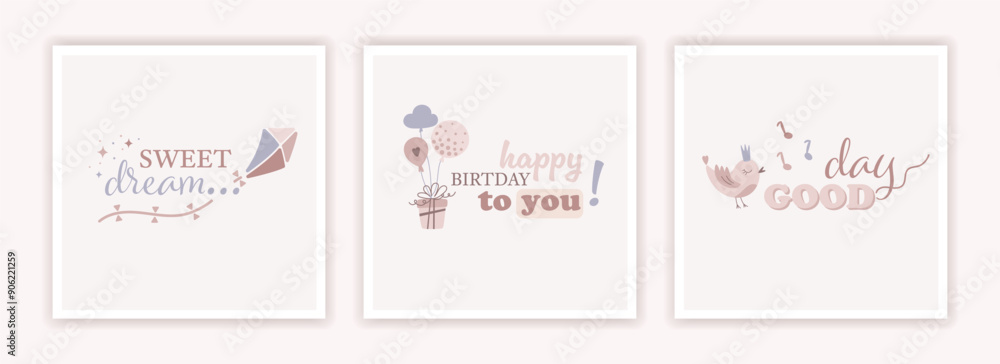Set of birthday greeting card or party invitation in trendy flat design. Сollection of holiday illustration with lettering. Greeting concept set. Vector Illustration.
Set of birthday greeting card or party invitation in trendy flat design. Сollection of holiday illustration with lettering. Greeting concept set. Vector Illustration.