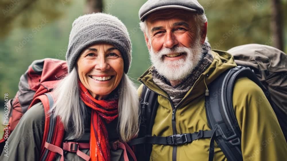 Happy caucasian senior couple backpacker looking at the camera,generative ai Happy caucasian senior couple backpacker looking at the camera,generative ai